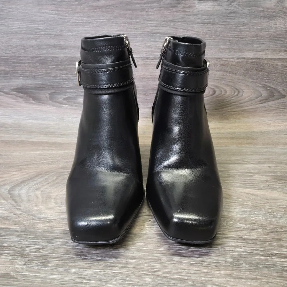 Franco Sarto Booties Womens‎ 7M Black Square Toe Buckle Ankle Heeled Moto Biker